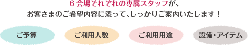 9会場それぞれの専属スタッフが、お客さまのご希望内容に添って、しっかりご案内いたします!