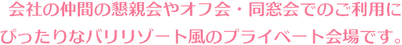 会社の仲間の懇親会やオフ会・同窓会でのご利用にぴったりなバリリゾート風のプライベート会場です。