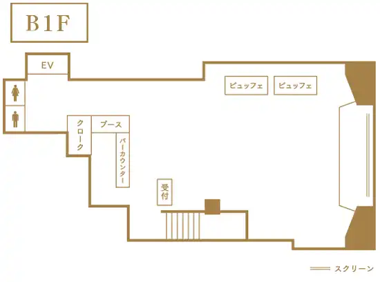 B1F 会場を見渡すように配置された、大きなステージが特徴です。7F 会場のどこからでも見える大きなスクリーンが特徴です。