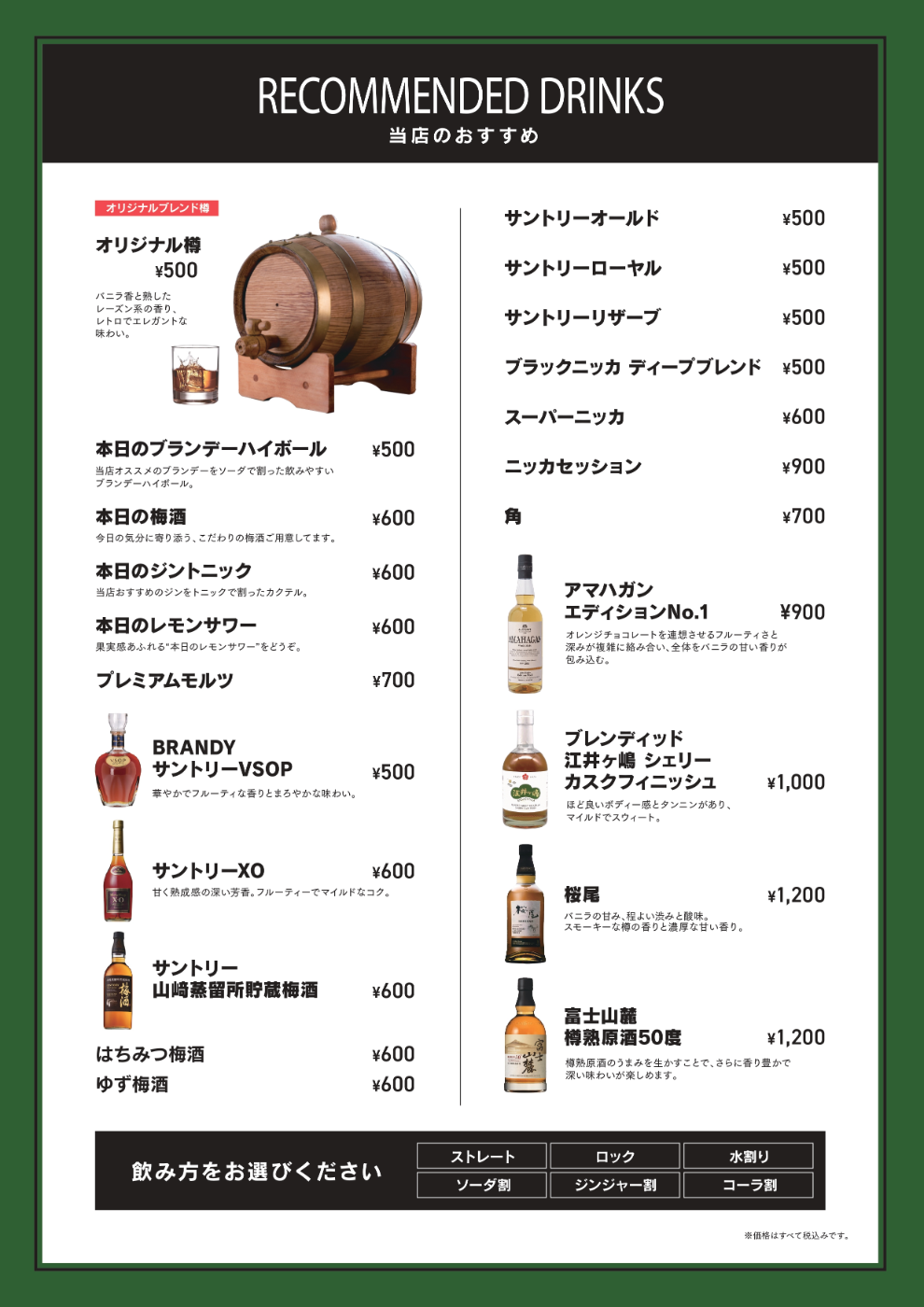 パセラリゾーツのダーツバーのドリンクメニュー