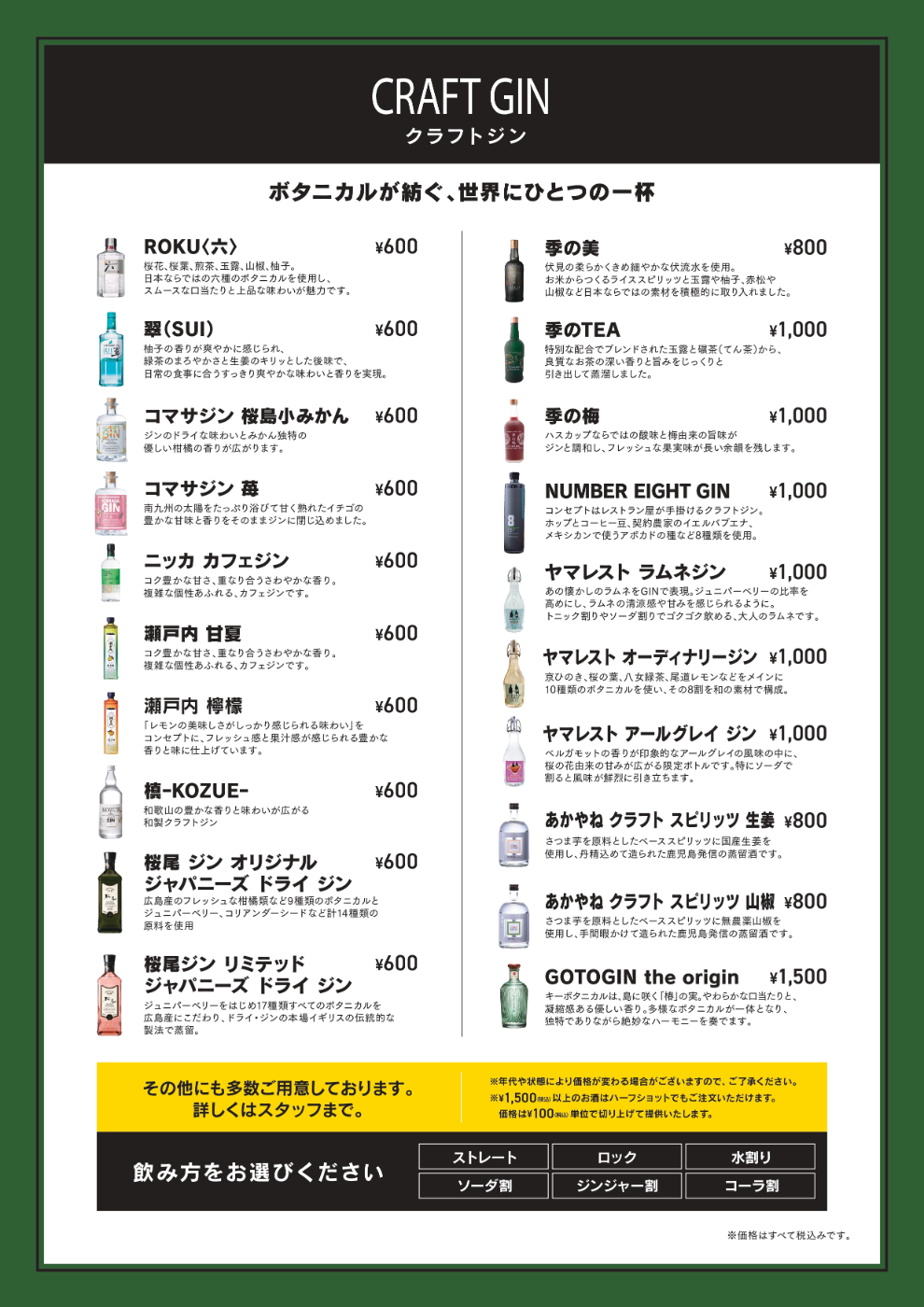 パセラリゾーツのダーツバーのドリンクメニュー