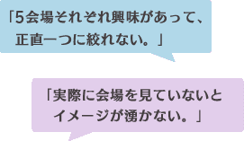 「9会場それぞれ興味があって、 正直一つに絞れない。」「実際に会場を見ていないと イメージが湧かない。」
