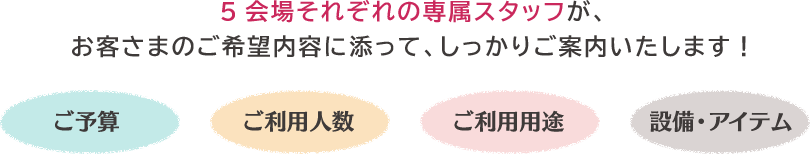 9会場それぞれの専属スタッフが、お客さまのご希望内容に添って、しっかりご案内いたします!